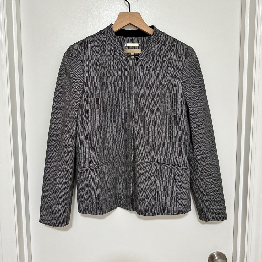 TALBOTS | Italian Luxe Knit Herringbone Front‎ Zip Collarless Blazer Jacket, 8 - Picture 5 of 8